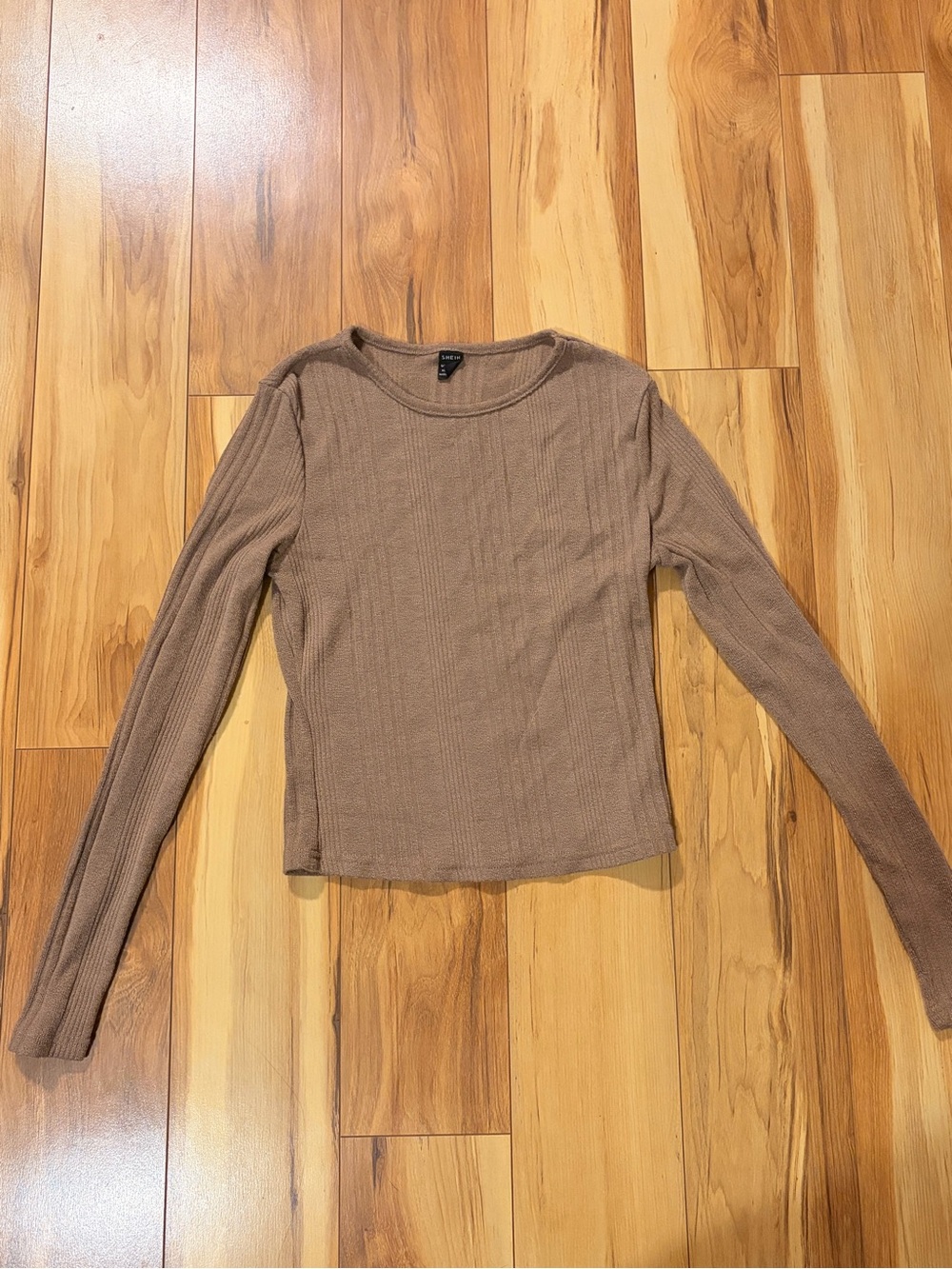 SHEIN Taupe Ribbed Long-Sleeve Crewneck Top